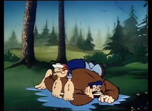 Olive and I are celebratskin' #EarthDay by enjoysing some beautskiful nature - but our campsk-site isn't big enough for us and...Bigfoot!? #popeyeandfriends #nature #savetheplanet #freshair | Popeye