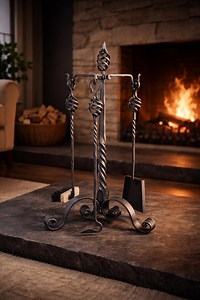 Hand Forged Iron Fireplace Tool Set – Blacksmith Made Hearth Tools Stand, Rustic Fireplace Accessories