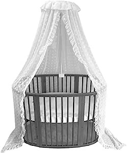 Wonder Space Elegant Baby Crib Canopy with Adjustable Holder Stand - Chiffon Lace Sheer Pom Poms Fabric, Princess Girls Fairy Dream Curtain Tent Nursery Room Decoration Addition Mosquito Net (White)