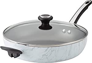 Farberware Designs Nonstick Deep Frying Pan/Skillet with Lid and Helper Handle, 12.25 Inch, White Marble