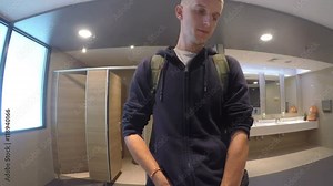 Man Piss in Front of Urinal in Public Toilet