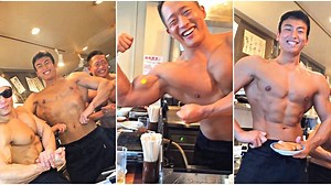 Topless men cook and served grilled meats in a Tokyo restaurant