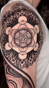 First day of two, starting off with some suminagashi lines, metatrons cube mandala with a trisquel in the middle! Tomorrow we’ll be adding the elbow and pattern on the inside of the arm 🙏🙏 . #tattoo #geometrictattoo #ornamentaltattoo #sacredgeometrytattoo #metatronscube | Wesche Tattoo