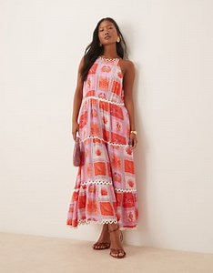 Hope & Ivy Petite rick rack high neck tiered maxi dress in pink beach print | ASOS