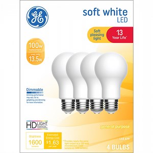 GE LED Light Bulbs, 100 Watt, Soft White, A21 Bulbs, Medium Base, Frosted Finish, 13yr, 4pk