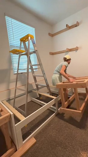 the IKEA hack built guest bedroom day bed in is really coming along! Im using 4 Billy Bookcases and the Twin size Brimnes bed to make a custom built in. I decided not to rip out any carpet - my mom said it was a bad idea to pull up just a small area and I’m gonna trust her - so I rebuilt the support box and it’s tied in securely on multiple sides to the wall so now the bookcases doesn’t budge when the bed inevitably moves & wiggles! I started adding trim to the faces of the bookcases but still h