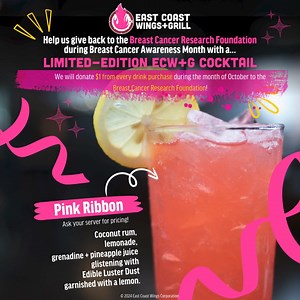 ECW G is supporting Breast Cancer Awareness Month with a limited-edition cocktail. Meet the Pink Ribbon! 💗 Combining the cozy flavors of coconut rum, lemonade, grenadine pineapple juice with the sparkle of Edible Luster Dust, this cocktail is bright, beautiful, and delicious! We will donate $1 from every purchase of the Pink Ribbon to the Breast Cancer Research Foundation! Only available during the month of October. 🔥 Available at participating locations. Must be 21 or older to order. Not avai
