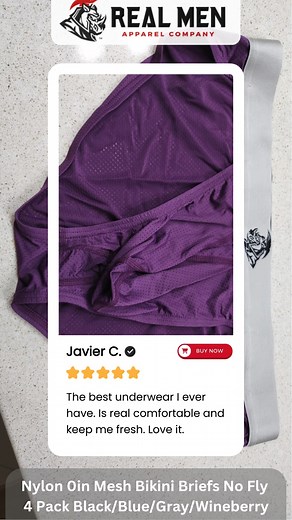 "The best underwear I ever have." 🤯 Javier C. has spoken! 🎤 Our Nylon Oin Mesh Bikini Briefs are designed with breathable mesh to "keep me fresh" and feel incredibly comfortable. The Wineberry color, featured here, adds a pop of style to the ultimate feeling of freshness. Ready to find your new favorite pair? Shop the 4 Pack (Black/Blue/Gray/Wineberry) today on rmac.store! #RealMenApparel #BestUnderwearEver #MeshBriefs #KeepItFresh #Wineberry | Real Men Apparel Company
