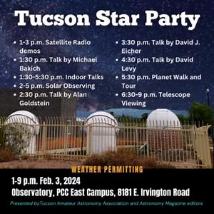 Pima’s East Campus is the site of the Tucson Star Party, presented by Astronomy Magazine and Tucson Amateur Astronomy Association. Free outdoor and indoor public activities, including astronomy talks, solar observing and evening stargazing, will run 1-9 p.m. Feb. 3 in and around the Observatory, weather permitting: > https://ow.ly/oVz950Qw50u > https://ow.ly/oWU250Qw50t #TucsonStarParty Tucson Amateur Astronomy Association Astronomy Magazine First Year Experience at Pima Community College Pima S