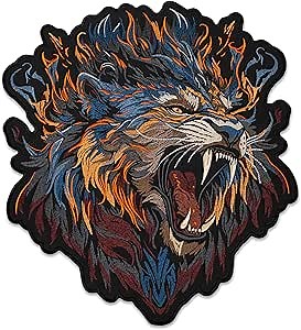 EMBROVERSE Fierce Flaming Tiger Large Back Patch - Embroidered Iron-On, Fantasy Predator Face, Biker Jacket Emblem, Premium Quality, 9.7 x 11 inches