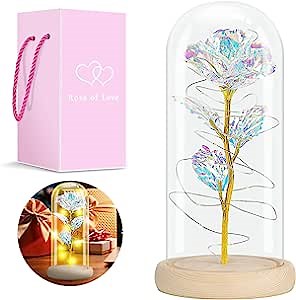 Galaxy Flower Rose Gift in Glass Dome - Gift for Her, Gifts for Mom,Anniversary Decorations Gift Colorful Rose - Rainbow Rose with Warm String Light Unique Love Gift for Women Girlfriend Daughter Wife