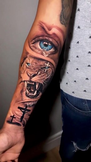 Blue Eye Lion Cross Arm Tattoo by Jonas Tumiati Tattoo