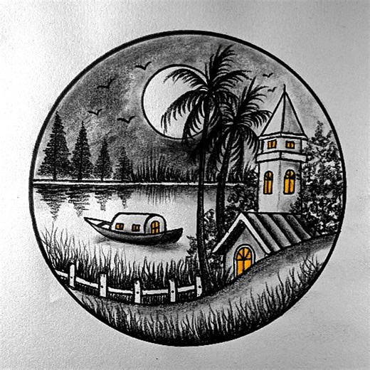 303K views · 5.6K reactions | Moonlight reflection #circlescenery #drawing #sketching | Md. Takbir Hossain | Facebook
