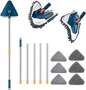 Wall and Baseboard Cleaning Mop Tool, Long Handle 360 Degree Rotating Microfiber Triangle Baseboard Cleaner Tool Duster for Cleaning Windows, Floors, skirting Boards, Ceilings, tubs, Baths (Blue)