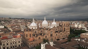 Cathedral of the Immaculate Conception, Aerial Drone Above Cuenca, Ecuador, City Center, Historical Buildings, Travel and Tourism in Latin America, Colonial Architecture | Premium Stock Video Footage