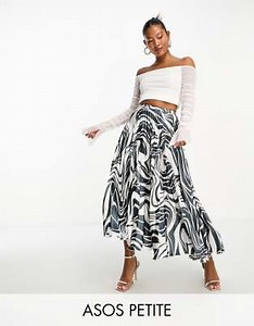 ASOS DESIGN Petite satin pleated midi skirt in mono zebra print  | ASOS