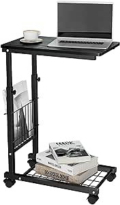 micoe C Shape Side Table Adjustable End Table with Side Basket and Bottom Mesh Storage Design Four Swivel Wheels with Brakes, Metal Frame MDF Wooden Board,