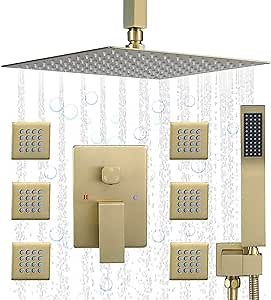 (Updated) JetsBath Shower Jets Rain Shower System with 12'' Ceiling Shower & Hand Shower, Brushed Gold Overhead Full Body Shower System with Body Shower Spray Jets Rain Shower Set, JB3412C-