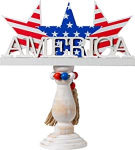 4th of July Decorations, Fourth of July Wood Decor with Patriotic Stars, Decorative Beads Garland and America Wood Letters, Memorial Day Home Decor for Fireplace, Shelf, Coffee Table, Tray
