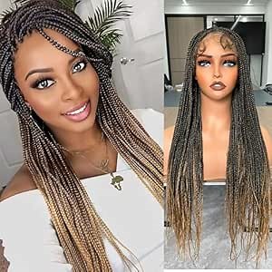 Box Braided Wigs for Black Women - Glueless Box Braids Wig with Baby Hair, Double Full Lace Front, Human Hair Blended Braids (30 Inch)