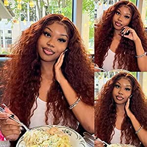 Donmily #33B Reddish Brown Water Wave 13x4 Lace Front Wig 12A Highlight Human Hair Wigs Pre Plucked With Baby Hair, Pre Colored Auburn Copper HD Lace Frontal Wig Dark Red Color 150% Density 20 Inch