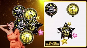 KatchOn, Happy New Year Balloons Set - 4pcs (18" Round, 30" Star, 2x18" Star Strip) - Black & Gold Foil Mylar Balloons - New Year Eve Party Supplies 2025 - Unisex Children & Adults