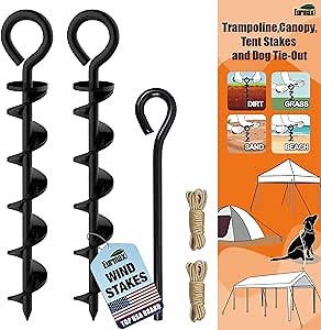 Eurmax USA Canopy Tent Stakes Dog Tie Out Stakes Corkscrew Shape Steel Trampoline Stakes with Iron Rod Installation Tool & 2 Wind Ropes - Set of 2 (Black)