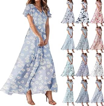 Amazon.com: Vestidos largos florales para mujer, vestidos elegantes y fluidos para mujer, vestidos casuales de verano, manga con vuelo, cuello en V, P001-azul claro, XS : Ropa, Zapatos y Joyería