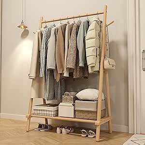 KASLANDI Solid Wood Clothes Rack, Clothing Rack with Shelf and Hook, Sturdy and Portable, Garment Rack for Hanging Clothes,Coats,Skirts,Shoes,Bags,Easy to Assemble (Natural)