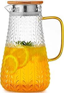 Glass Water Pitcher with Wood Lid 51oz/1.5 Liter, Borosilicate Glass Pitcher w/Wheat Ear Pattern, Fruit Infusion Pitcher, Water Container, Ice Tea Pitcher for Juice, Milk, Beverage Carafe