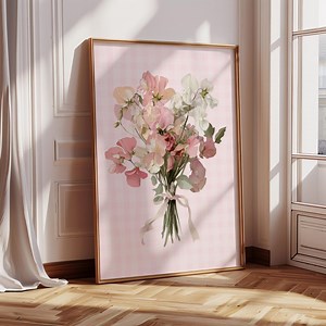Pink Gingham Floral Print: Sweet Pea Bouquet, Cottagecore Decor (Digital Download)