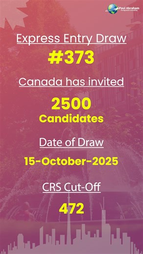 1K views | Express Entry Draw #373 Held on October 15, 2025, targeting Healthcare & Social Services category. IRCC invited 2,500 candidates, with a minimum CRS cut-off of 472. #expressentrydraws #expressentry #expressentrycanada #canadavisa #canadaimmigration #MoveToCanada #healthcaredraw | Paul Abraham Immigration Consulting | Facebook