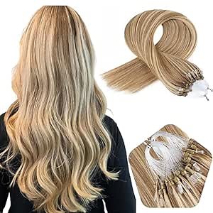 Microlink Hair Extensions Human Hair 18 Inch #8/613 Brown With Blonde 1g/Strand Micro Ring Beads 50g Loop Extensions