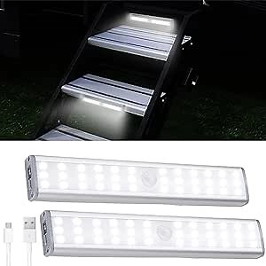 RV Step Lights Motion Sensor, 30 LED Rechargeable Battery Powered RV Strip Light, Magnetic Night Light Bar for Motorhome Travel,Travel Trailers, Camper, Stands Food Trucks (2 Pack)