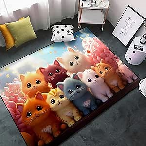 Cat Rugs for Girls Bedroom - Cute Cat Carpet for Kids Room, Cartoon Animal Rug Girls Room Decor Girl Rugs Bedroom Playroom Kids Play Mats 5x7 Feet