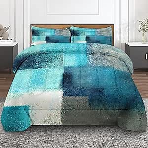 Turquoise Grey Painting Comforter Set King Size, Contemporary Teal Gray Soft Bedding Set with 2 Pillowcases for Girls Teens Kids Boys Adults Bedroom Bed Decor,1 Quilt 2 Pillow Cases