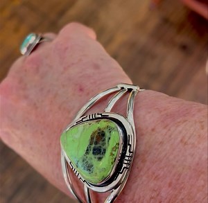Love Green and Gaspeite? You may adopt this Gorgeous Green bracelet. Fits a standard woman’s wrist. Text 8282904211 or message us. Singed by the artist. | All Nations Trading