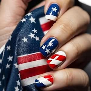 Independence Day Press on Nails Short Square Fake Nails with Star Design Acrylic False Nails Artificial Stick on Fingernails Glossy Red White Blue Stripe Glue on Nail 4th of July Gift for Women