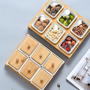 [Hot Item] Ceramic Divided Serving Dishes, Ceramic Appetizer Serving Platter Tray, Divided Serving Dishes with Bamboo Tray