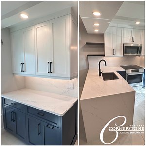 Using your beautiful stone choice as your backsplash and a waterfall edge creates a sense of continuity in your kitchen. #CornerstoneBuildersSWFL | Cornerstone Builders of Southwest Florida