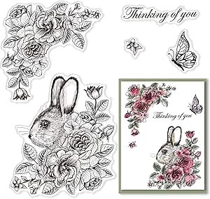 CRASPIRE Easter Clear Stamps for Card Making, Bunny Rabbit Butterfly Spring Rose Flower Rubber Scrapbooking for DIY Thanksgiving Photo Album Decor Craft