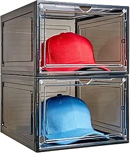 Hat Organizer Box for Baseball Caps (2-Pack) - Transparent Hat Display, Stackable Dust Hat Rack with Magnetic Door, Easy to assemble stylish hat stand for stylish hat display, Black