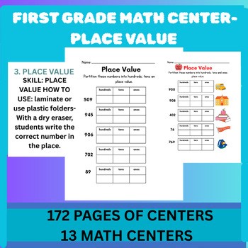 First Grade Place Value Math Centers and Worksheets/ Print color or black and wh