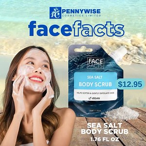 The 99% natural scrub, gently buffs away the surface of your skin, removing dead layers to reveal a more radiant you. Super sea salt really is a multitasker exfoliating, cleansing, softening brightening your skin without stripping away too much of your natural oils. 📍 View our Pinned Post on Facebook for All Locations and Contacts #PennywiseCosmetics #FaceFacts #ShopAtPennywise | Pennywise Cosmetics Ltd.
