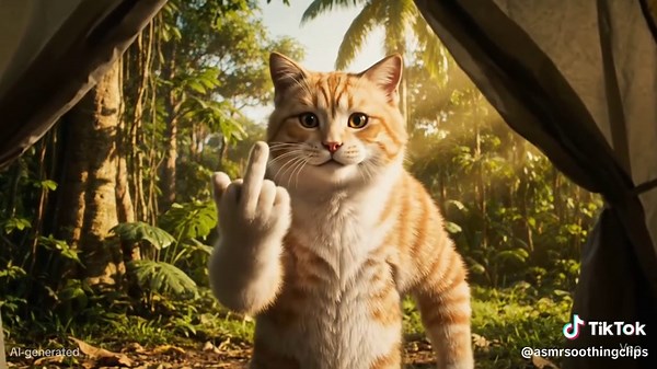 Gato da o saludo de dedo medio a campista