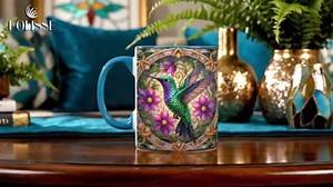Stained Glass Hummingbird Coffee Mug, Colorful Floral Art Ceramic Cup with Purple Blossoms and Emerald Green Bird, Nature Lover Gift, Elegant Artistic Morning Tea & Coffee Cup for Women