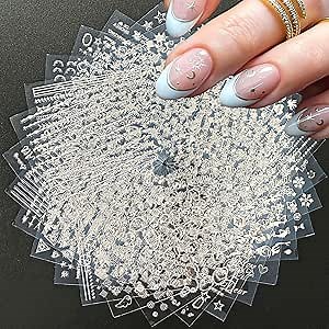 30 Sheets Silver Nail Art Stickers 3D Self Adhesive Sliver Line Nail Decals Silver Nail Sticker for Nail Art Silver Heart Star Nail Art Supplies Silver Nail Design for Acrylic Nails for Women Girls