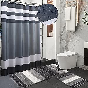 BSSN 4Pieces Grey Shower Curtain Set with Rugs, Bathroom Accessories Set - No Slip Super Absorbent Bathroom Rug, U-Shaped Toilet Mat, Bathroom Sets Complete for Home