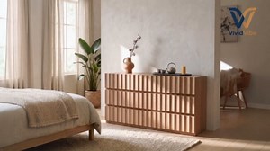 VividVibe 3 Drawer Dresser-31.29" Extra-Wide Fluted Wooden Dressers & Chests of Drawers, Long Dresser TV Stand with Large Storage Horizontal Dressers for Bedroom Modern Light Oak