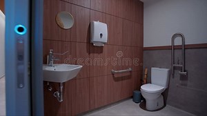 A Modern Accessible Restroom with a White Toilet, Stainless Steel Grab Bars, a Wall-mounted Paper Dispenser, and Wooden Stock Video - Video of disability, clean: 368605569
